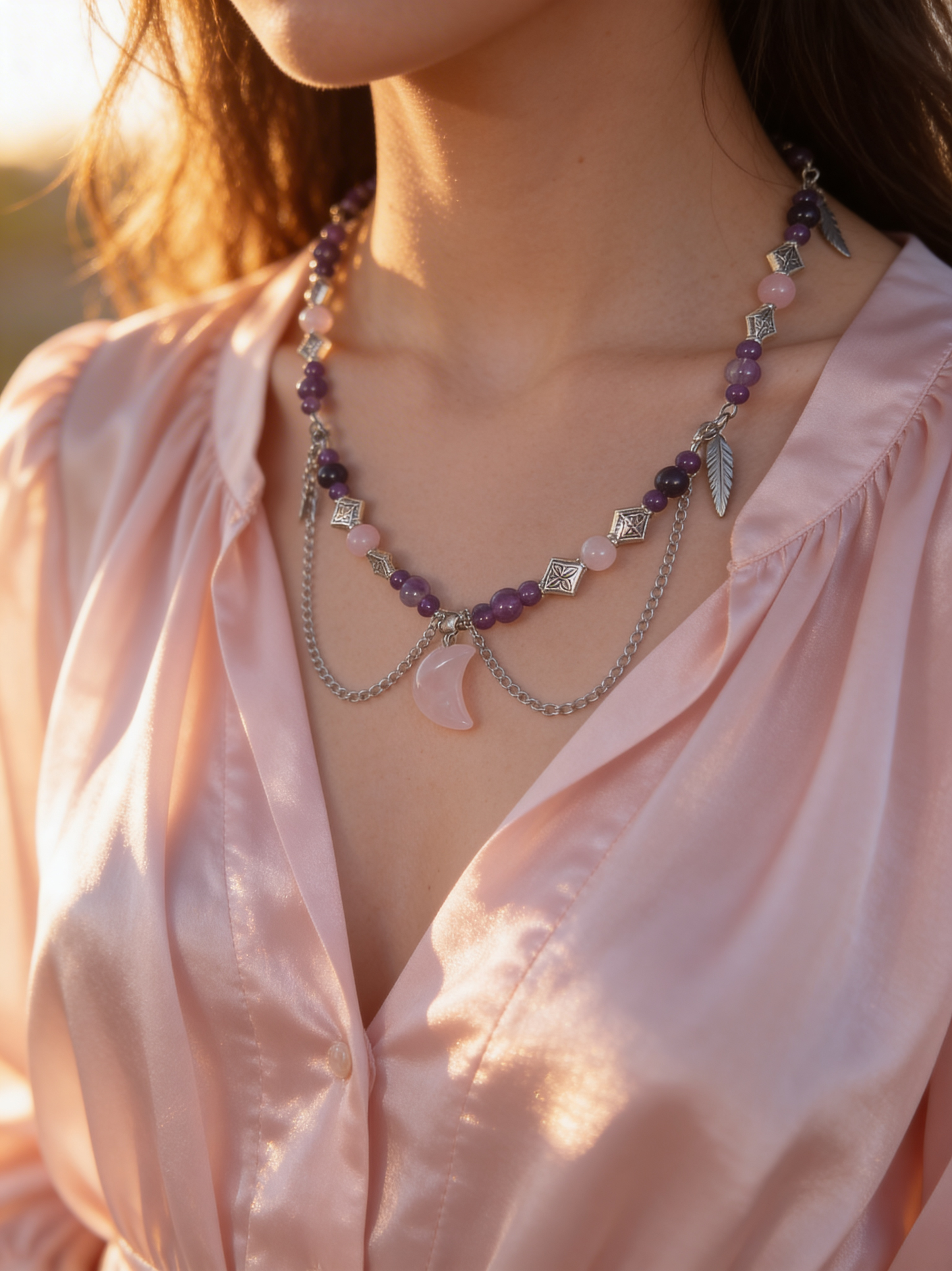 L’Oracle Lunaire – Collier en quartz rose et améthyste | Intuition, douceur et énergie lunaire