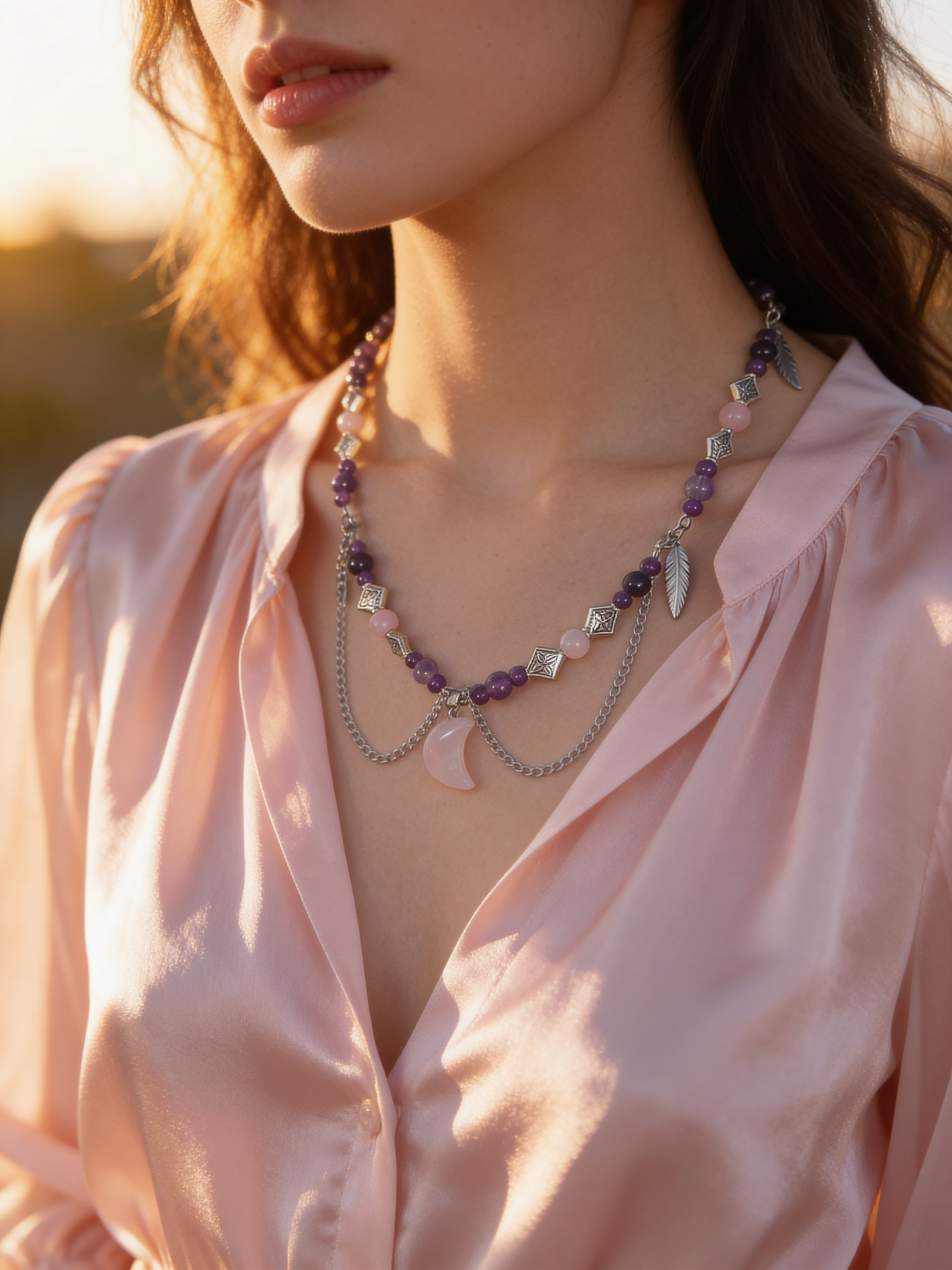 L’Oracle Lunaire – Collier en quartz rose et améthyste | Intuition, douceur et énergie lunaire