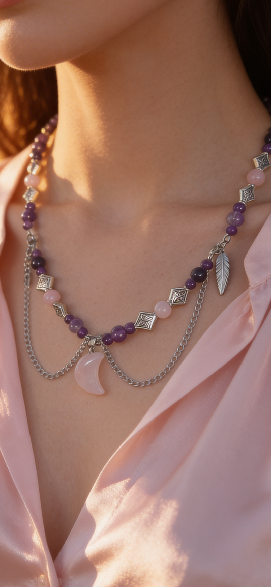 L’Oracle Lunaire – Collier en quartz rose et améthyste | Intuition, douceur et énergie lunaire