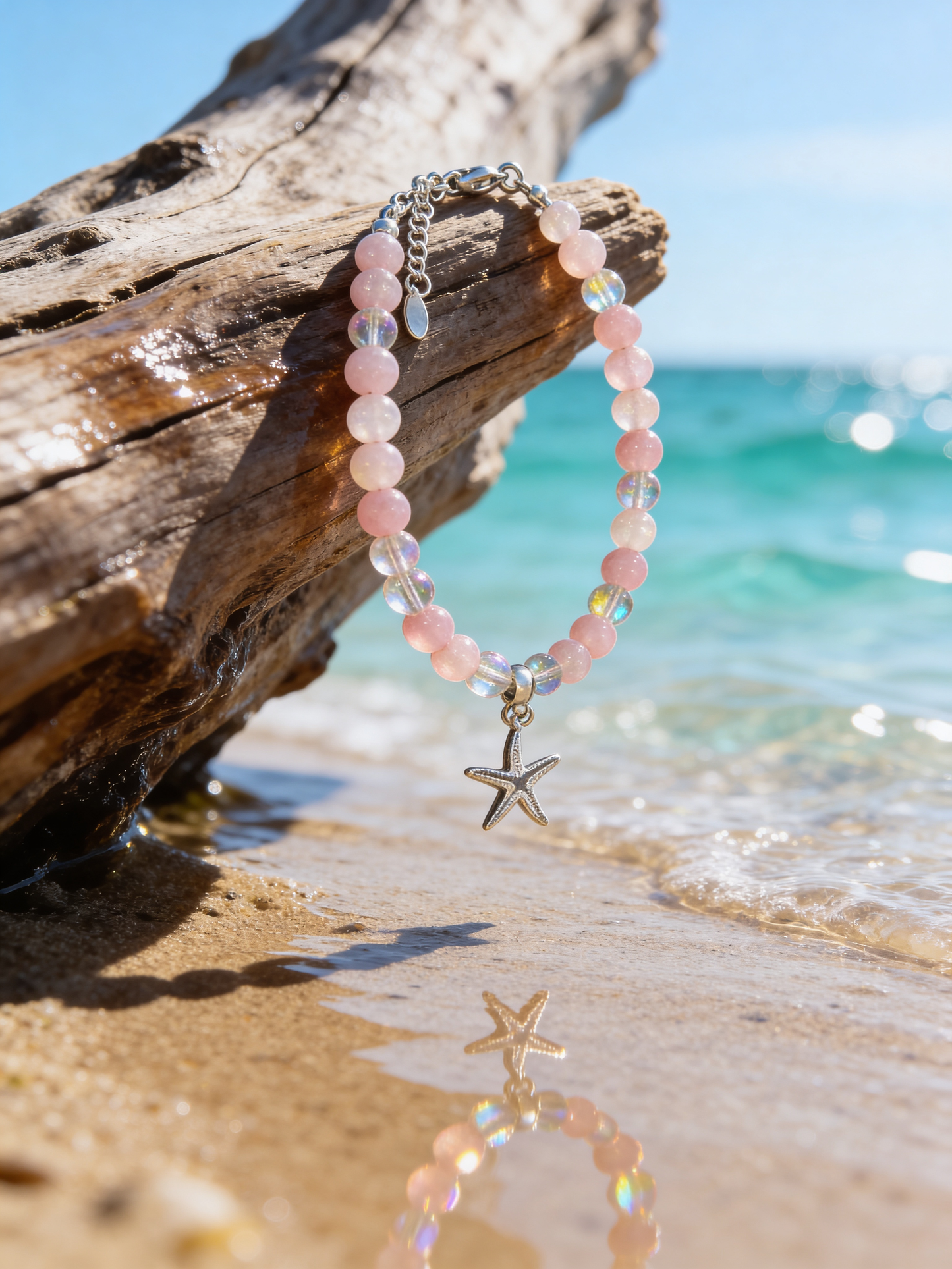 Chaîne de cheville quartz rose et quartz arc-en-ciel – Amour de soi et énergie positive