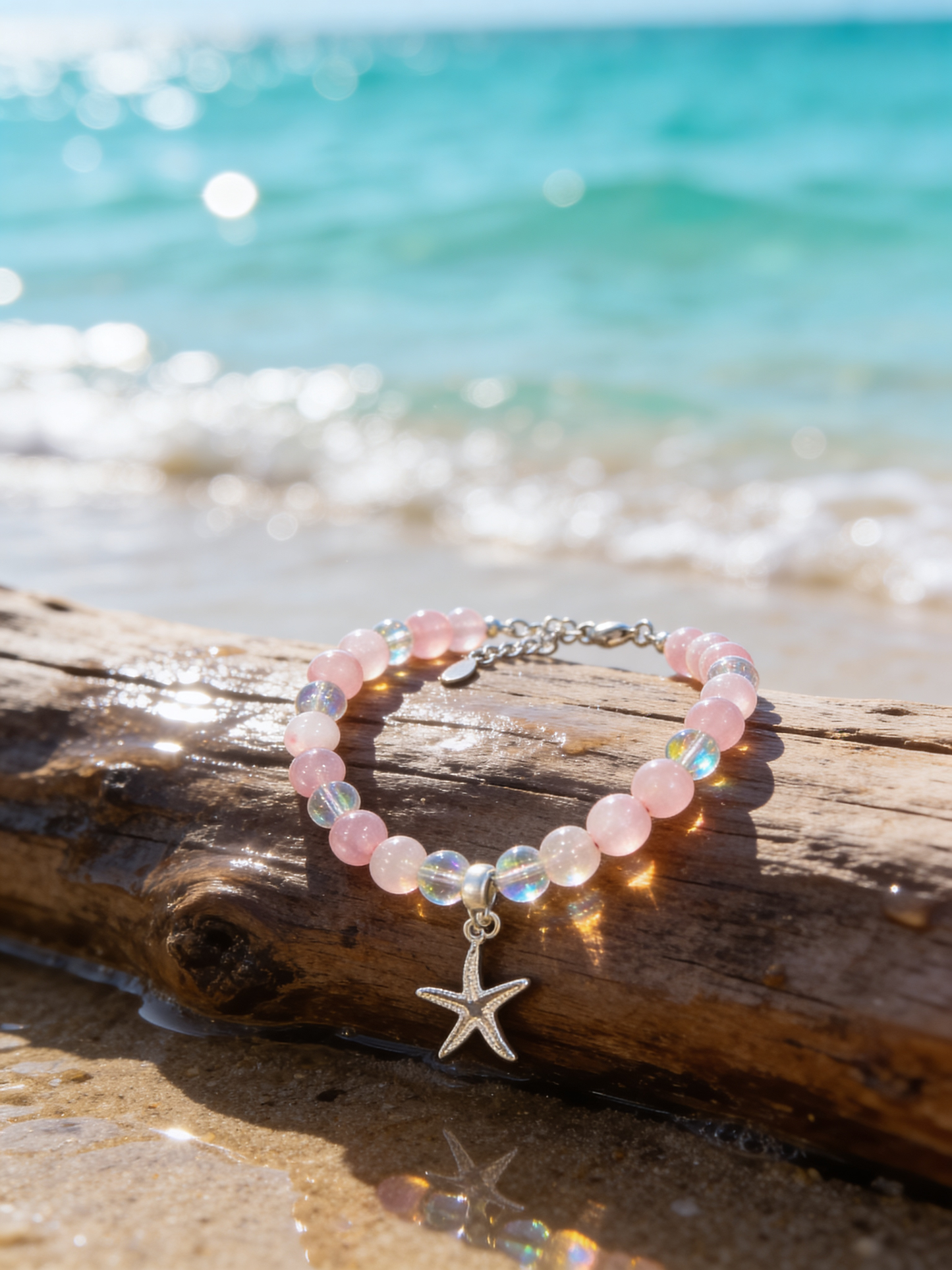 Chaîne de cheville quartz rose et quartz arc-en-ciel – Amour de soi et énergie positive